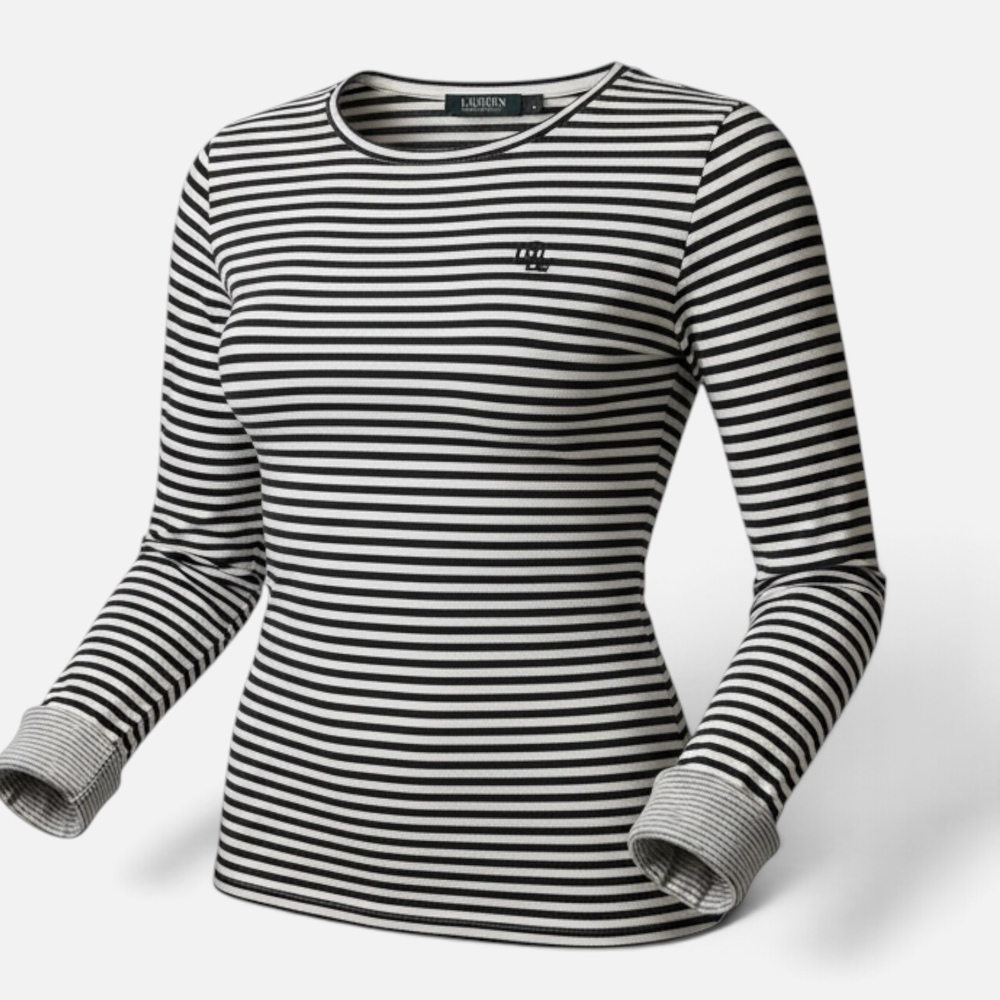 Lauren Ralph Lauren Navy and White Striped Long Sleeve Top (M)